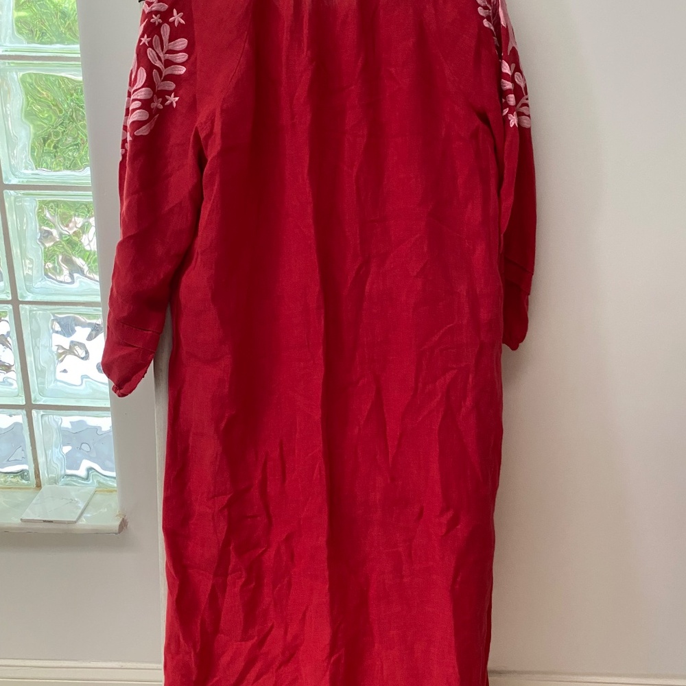 Voyageur by Mersea Red 100% Linen Palermo Embroidered Maxi Vacation Dress Size M - Picture 6 of 12